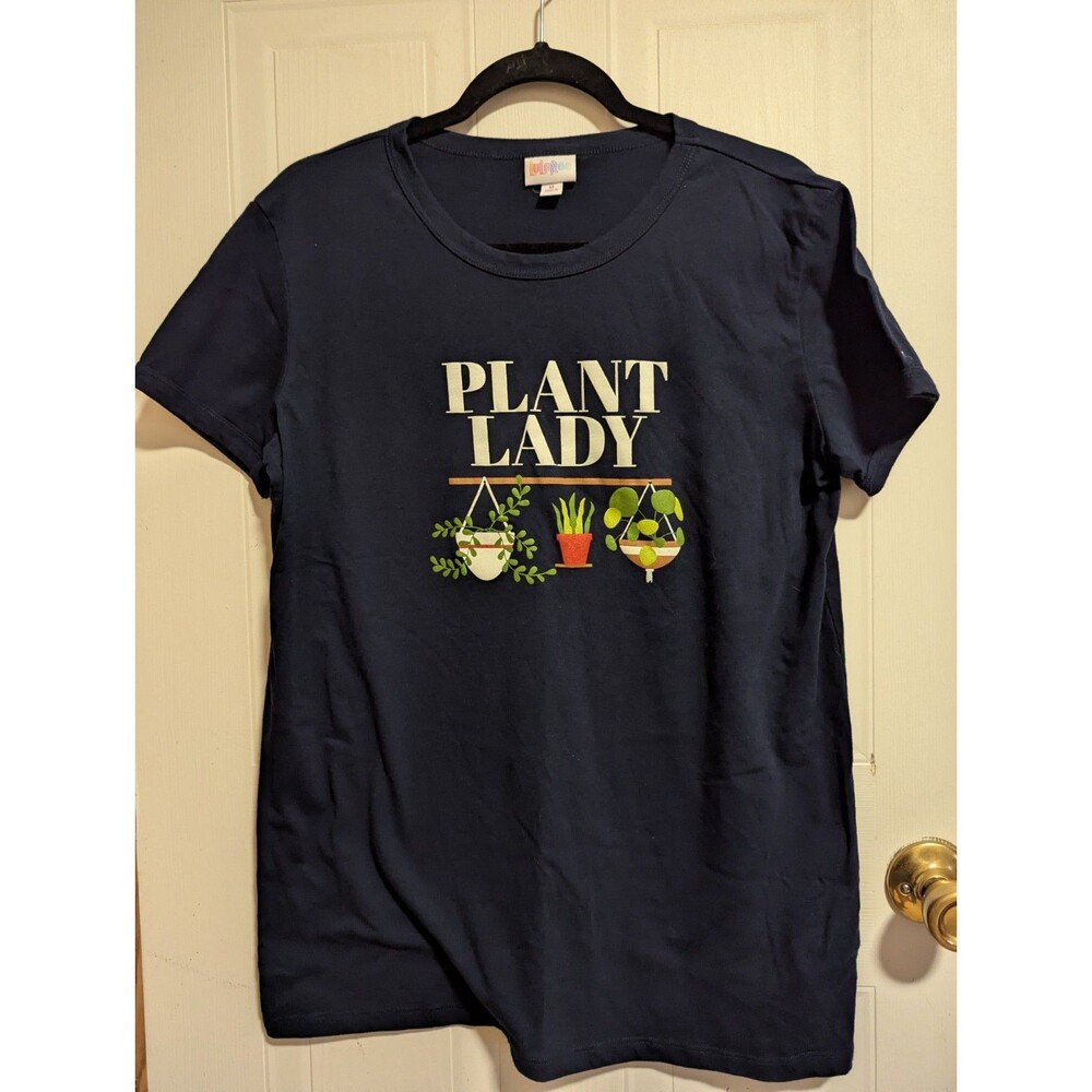 HTF NWOT LuLaRoe Liv Navy Plant Lady Graphic T-Shirt Crew Neck Short Sleeve M